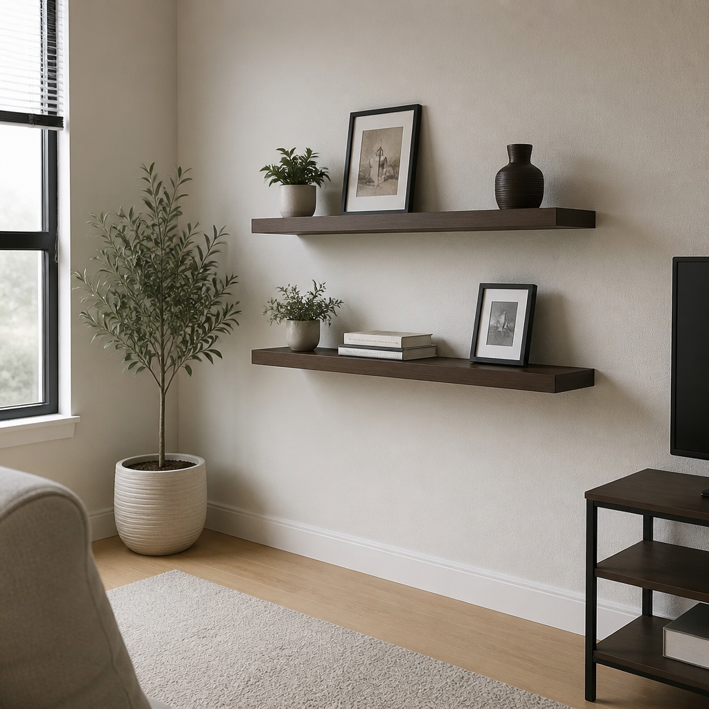 How to hang floating shelves without drilling (renter-safe)