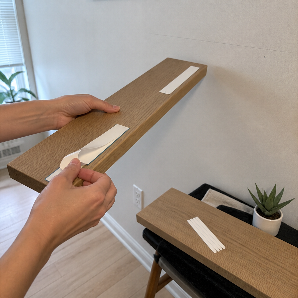 Press strips onto the shelf, then the wall